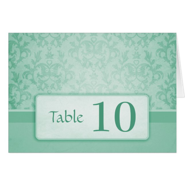 Green damask wedding table number stand up card (Front Horizontal)
