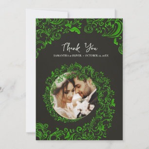 Green Damask Wedding Thank You Photo Card