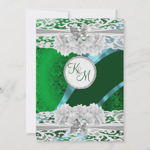 Green damask white lace monogram wedding invitation