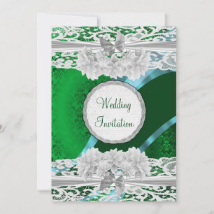 Green damask white lace vintage style wedding invitation