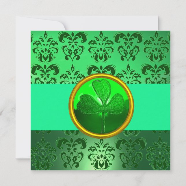GREEN DAMASK WITH SHAMROCK ,black Invitation (Front)