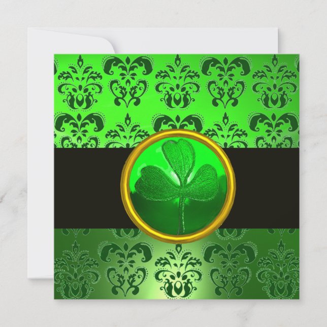 GREEN DAMASK WITH SHAMROCK ,black Invitation (Front)