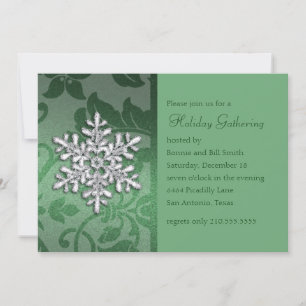 Green Damask with Snowflake Holiday Party Invitation