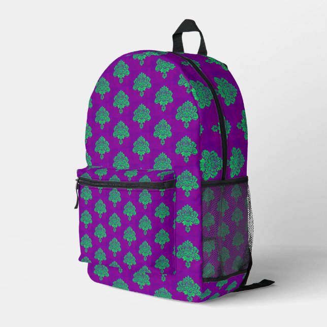 Green damasks pattern on purple printed backpack (Back Corner Right)