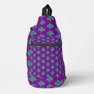 Green damasks pattern on purple sling bag