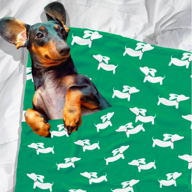 Green Dancing Dachshunds Fleece Blanket Design (Wiener dog mom gift - cozy doxie blanket)