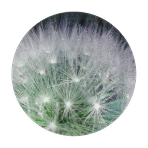 Green dandelion with tiny water droplets cutting board