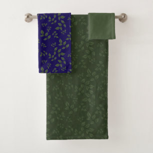 Green dark blue green pattern leaves bath towel set