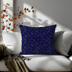 Green dark blue pattern leaves monogram cushion