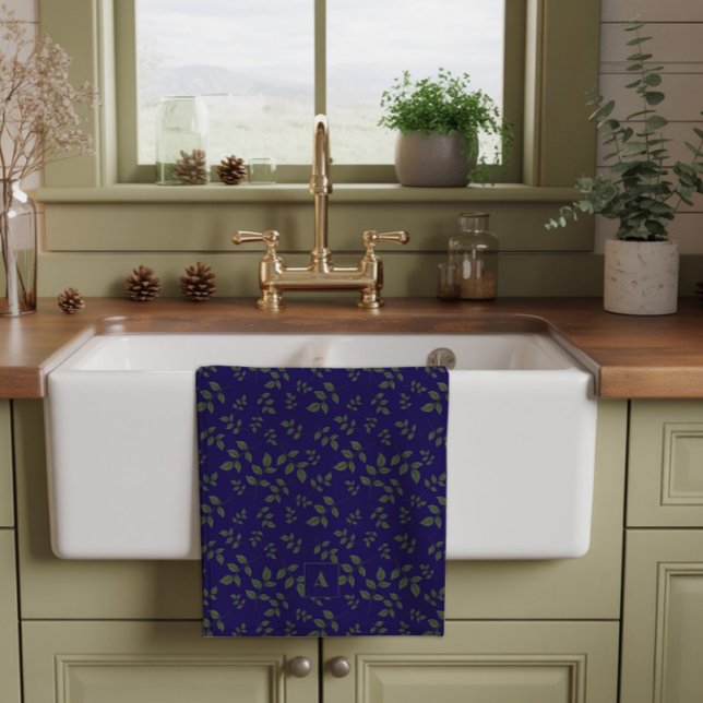 Green dark blue pattern leaves monogram tea towel (Creator Uploaded)