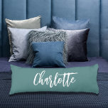 Green dark cyan name script body cushion<br><div class="desc">Green,  dark cyan coloured background.  Personalise and add your name.  Large white hand lettered style script.</div>