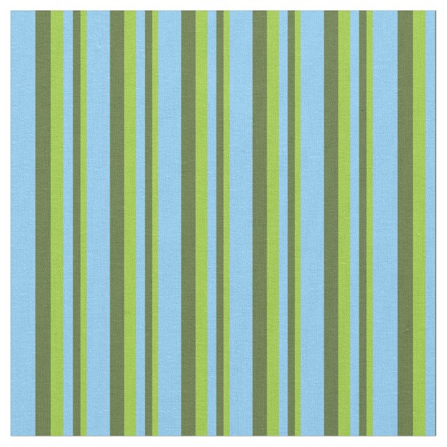 Green, Dark Olive Green & Light Sky Blue Lines Fabric (Close Up)