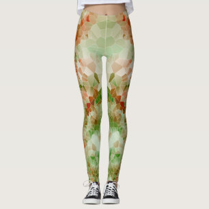 Green & Dark Orange Crystal Geometric Design Leggings