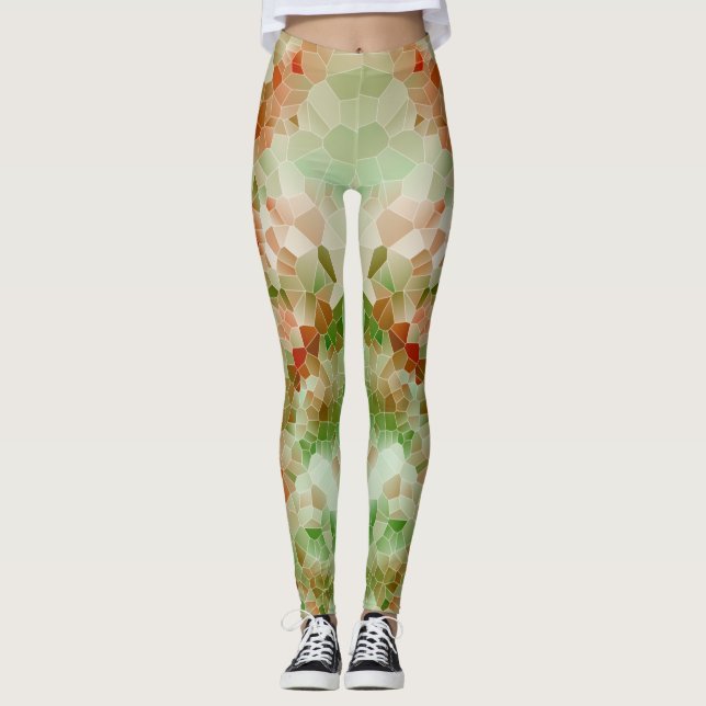 Green & Dark Orange Crystal Geometric Design Leggings (Front)
