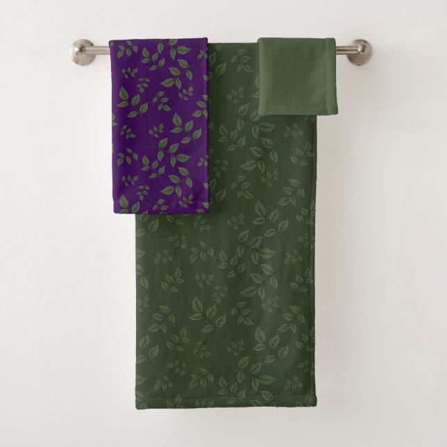 Green dark purple green pattern leaves  bath towel set (Insitu)