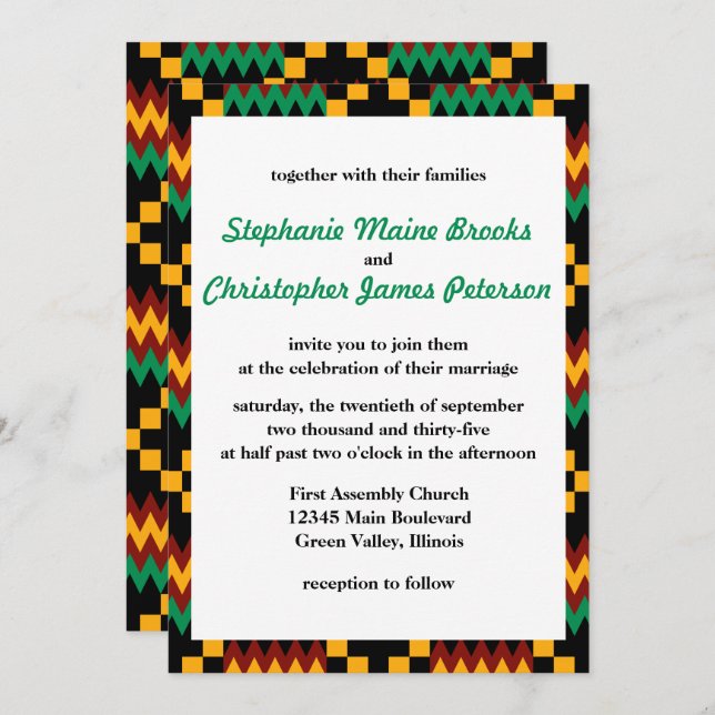 Green, Dark Red, Yellow Kente Cloth Invitation (Front/Back)