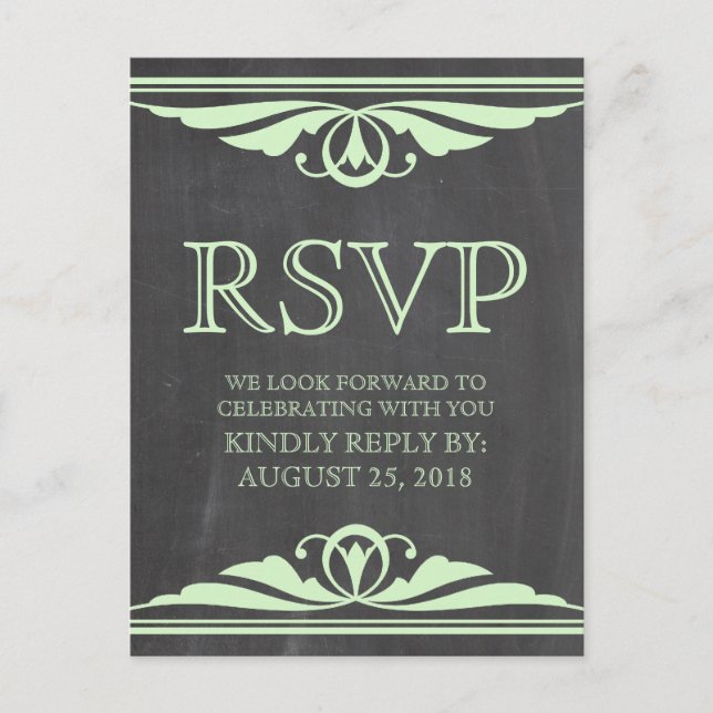 Green Deco Chalkboard RSVP Postcard (Front)