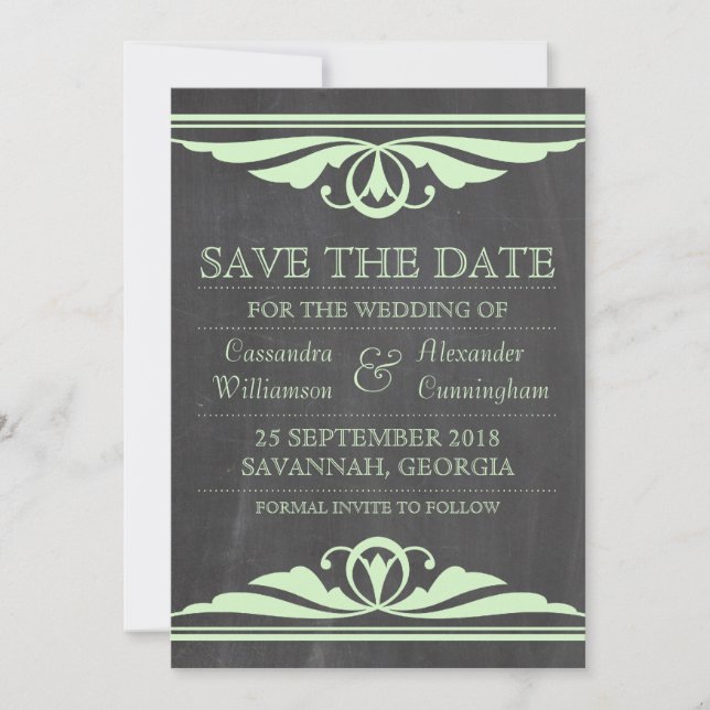Green Deco Chalkboard Save the Date Invite (Front)