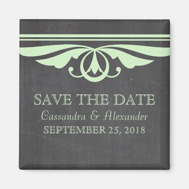 Green Deco Chalkboard Save the Date Magnet (Front)