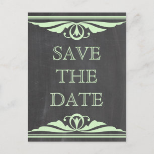 Green Deco Chalkboard Save the Date Postcard