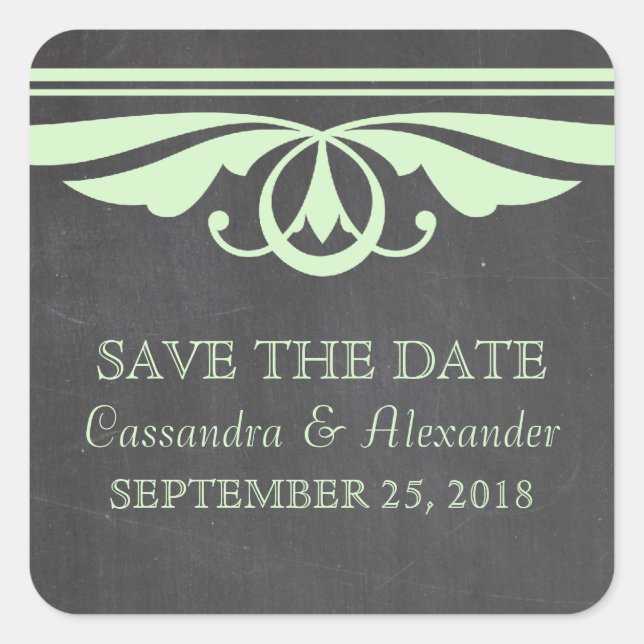 Green Deco Chalkboard Save the Date Stickers (Front)