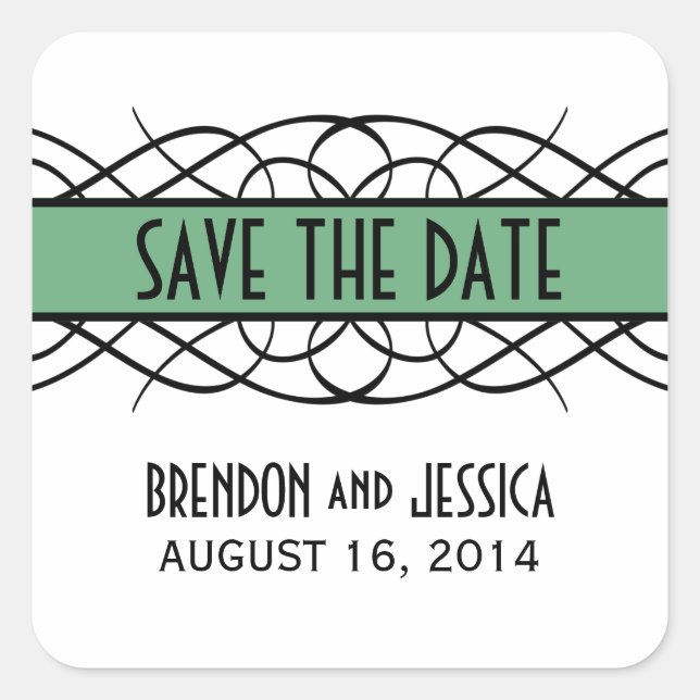 Green Deco Flourish Save the Date Stickers (Front)