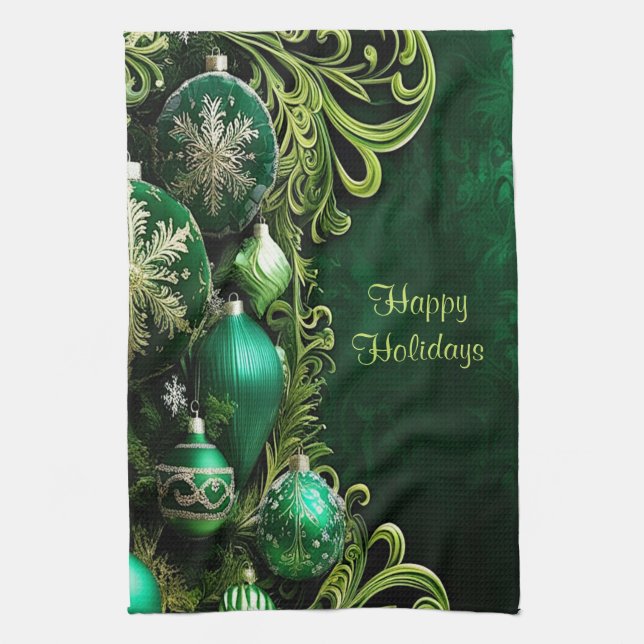 Green Decorative Ornaments Holiday Kitchen Towel (Vertical)