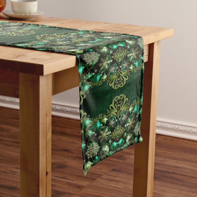 Green Decorative Ornaments Holiday Table Runner (In Situ)
