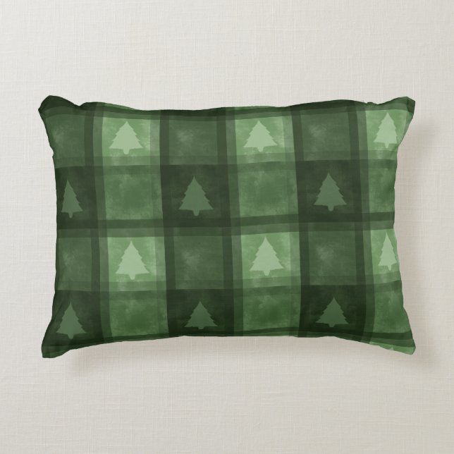 Green Decorative Plaid With Fir Trees Christmas Cushion (Front)