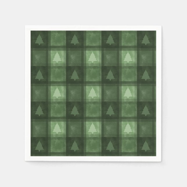 Green Decorative Plaid With Fir Trees Christmas Napkin (Front)