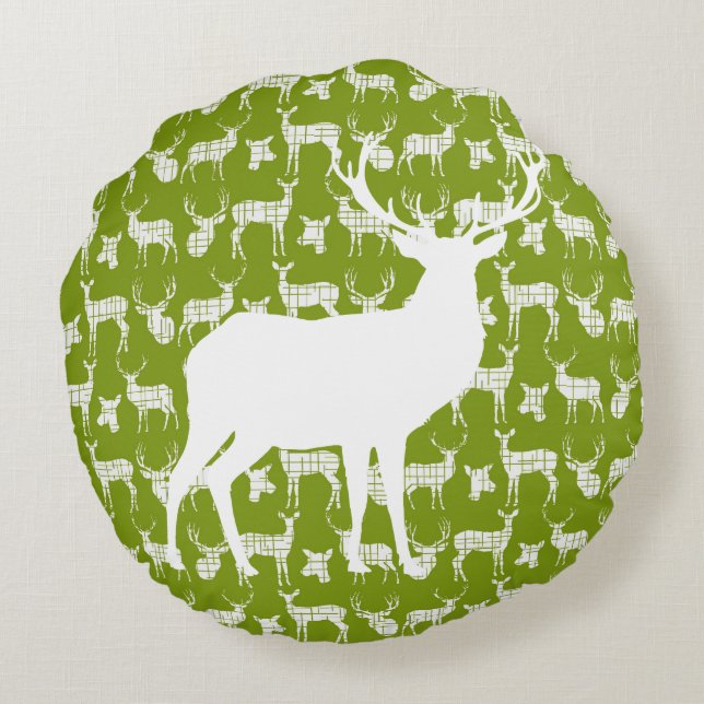 Green Deer With White Buck and Doe Round Pillow (Back)