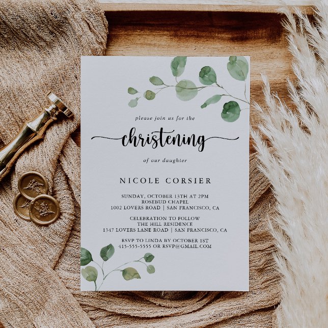 Green Delight Eucalyptus Calligraphy Christening Invitation (Creator Uploaded)