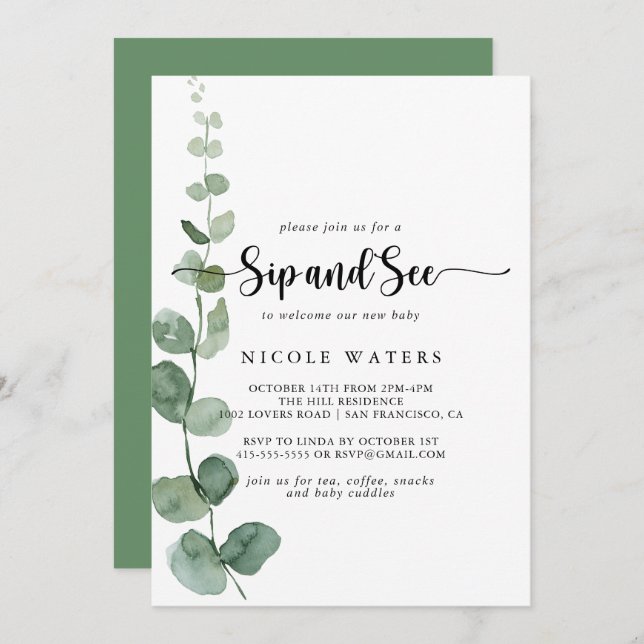 Green Delight Eucalyptus Calligraphy Sip and See  Invitation (Front/Back)