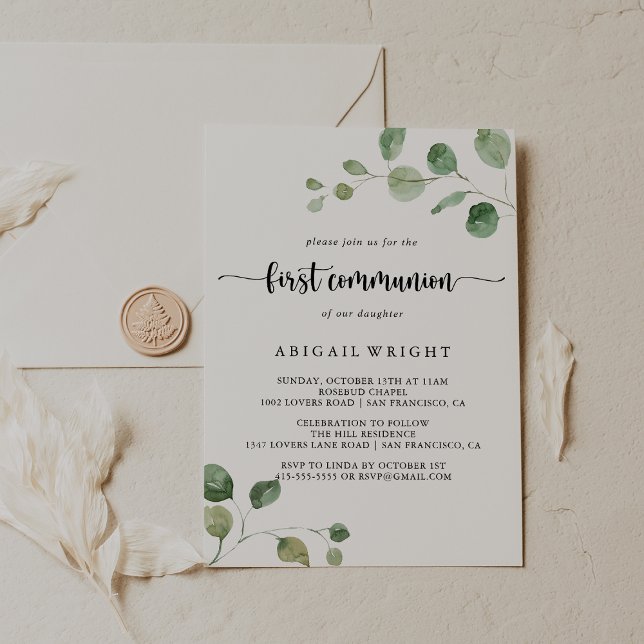 Green Delight Eucalyptus First Communion  Invitation (Creator Uploaded)