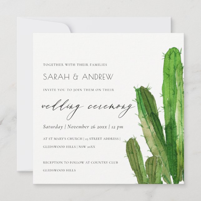 GREEN DESERT CACTUS FOLIAGE WATERCOLOR WEDDING INVITATION (Front)