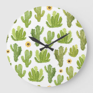 Green Desert Cactus: Watercolor Seamless Large Clock