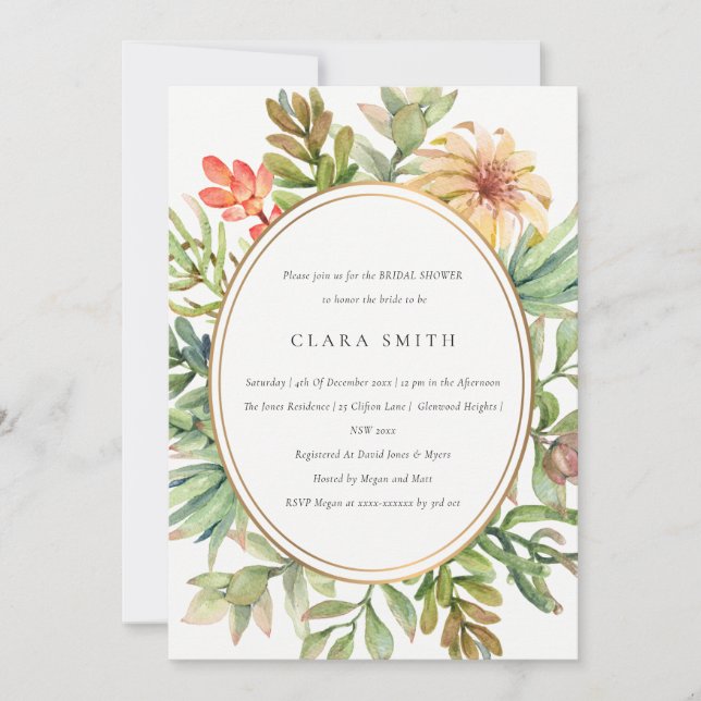 GREEN DESERT SUCCULENT CACTI FOLIAGE BRIDAL SHOWER INVITATION (Front)