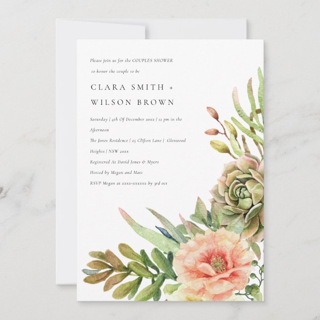 GREEN DESERT SUCCULENT CACTI FOLIAGE COUPLE SHOWER INVITATION (Front)