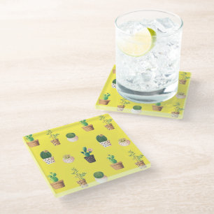 Green Dessert Succulent Cactus in Pots Glass Coaster