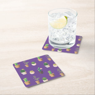 Green Dessert Succulent Cactus in Pots Square Paper Coaster