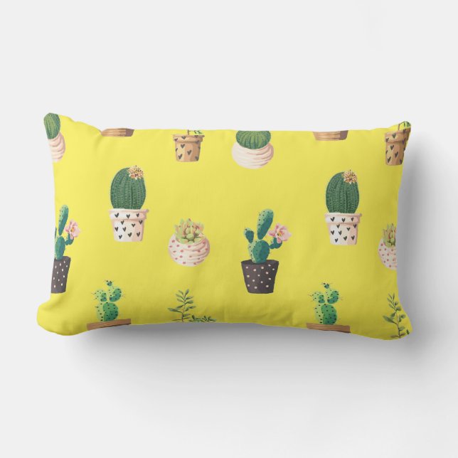 Green Dessrt Succulent Cactus in Pots Lumbar Cushion (Front)