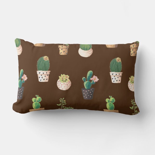 Green Dessrt Succulent Cactus in Pots Lumbar Cushion (Front)
