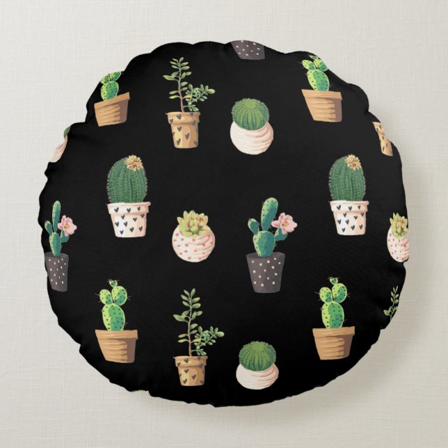 Green Dessrt Succulent Cactus in Pots Round Cushion (Front)
