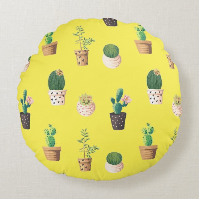 Green Dessrt Succulent Cactus in Pots Round Cushion (Front)