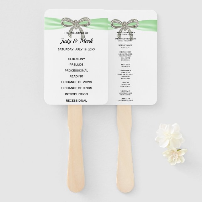 Green Diamond Bow Wedding Program Hand Fan (Front and Back)