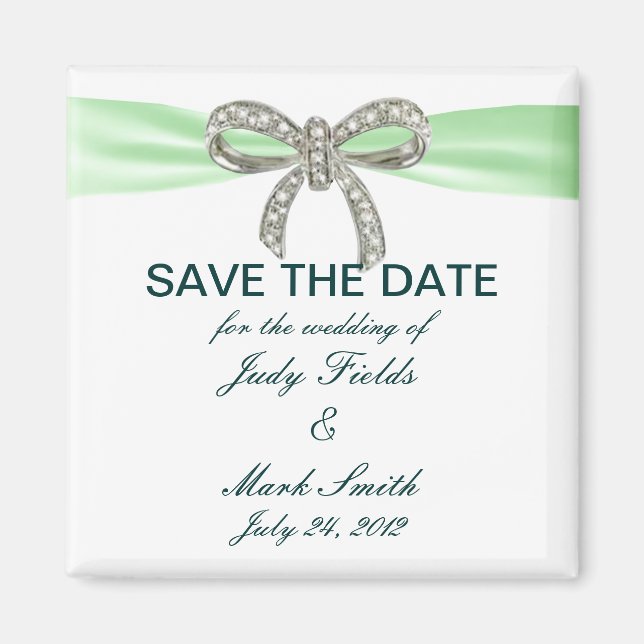 Green Diamond Bow Wedding Save The Date Magnet (Front)