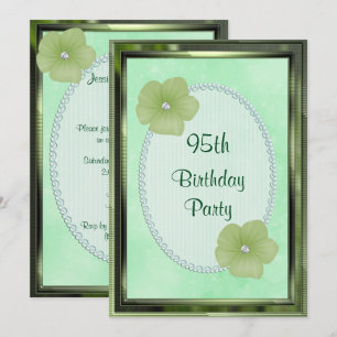 Green Diamond Flowers & Pearls 95th Birthday Invitation