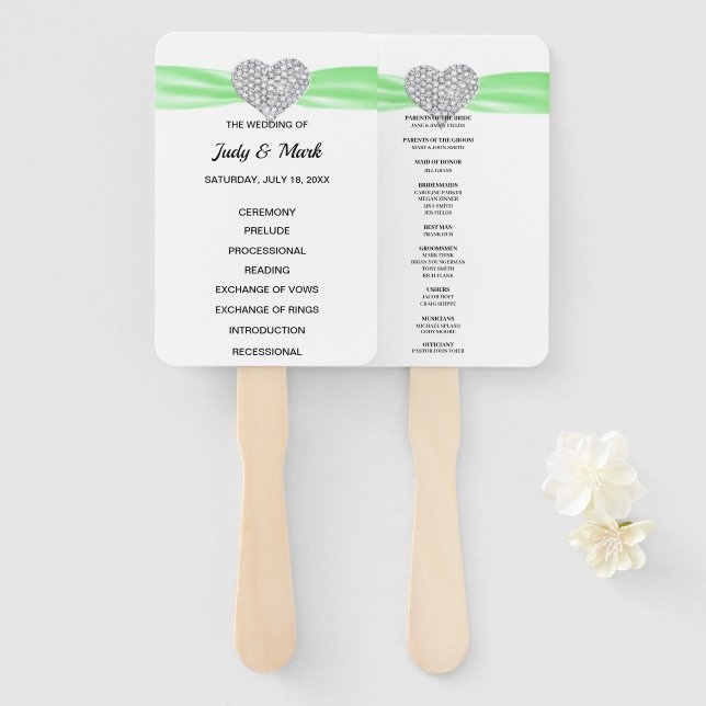 Green Diamond Heart Wedding Program Hand Fan (Front and Back)