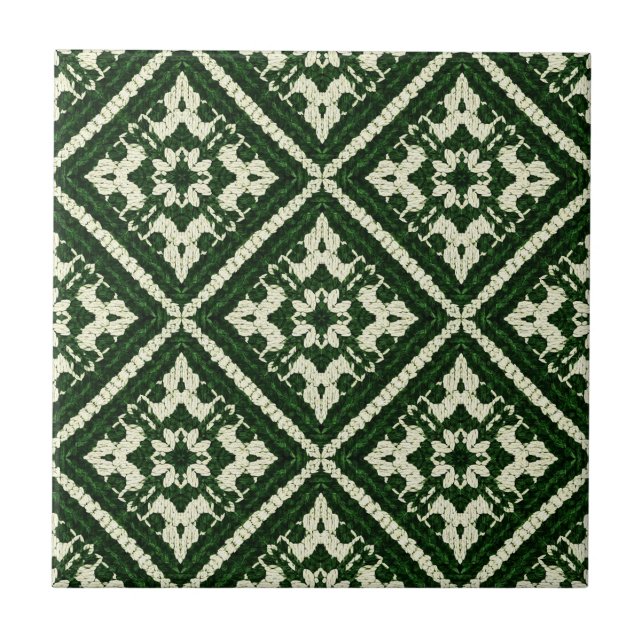 Green Diamond Nordic Knit Seamless Pattern Ceramic Tile (Front)