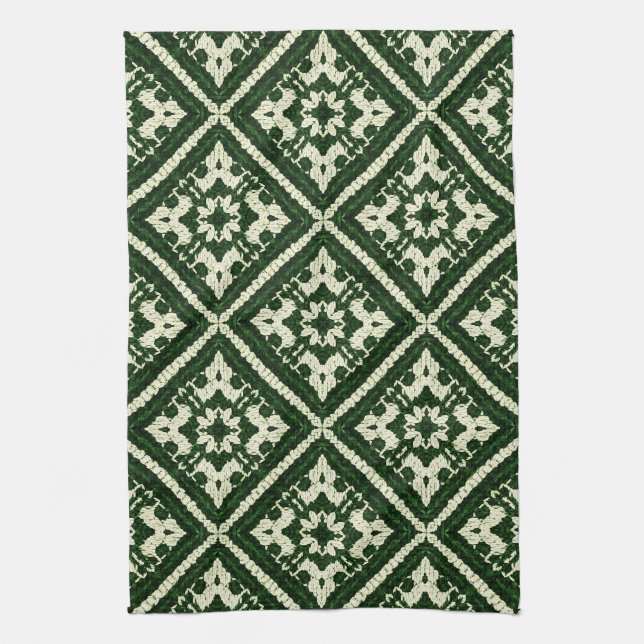Green Diamond Nordic Knit Seamless Pattern Tea Towel (Vertical)